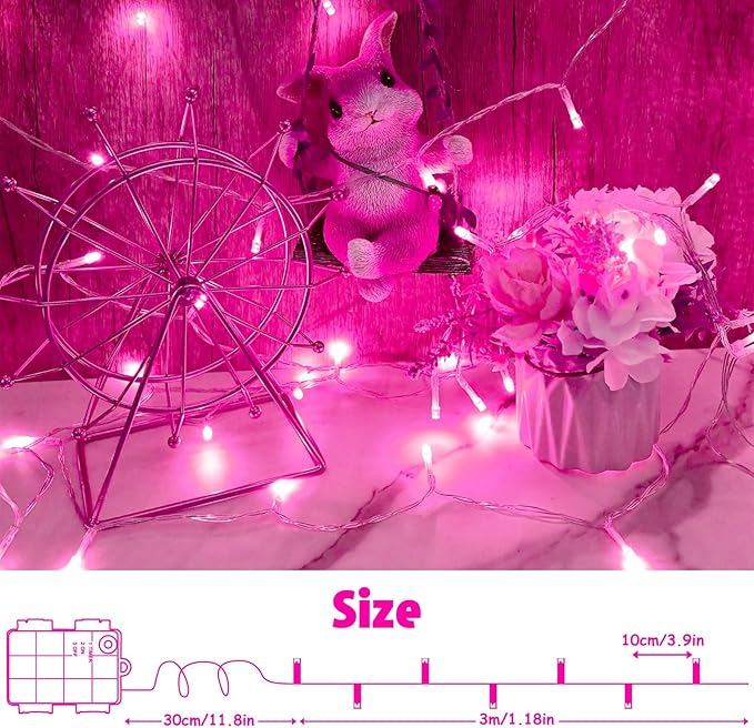 String Lights Outdoor Waterproof 9.8ft 30 LED, Pink Fairy Lights Battery Operated with Timer Clear Wire for Indoor & Outdoor Christmas Valentine's Day Decorations Garland Party2 Packs