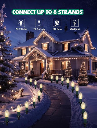 Christmas Pathway Lights Outdoor, 38Ft Outdoor Xmas Decorations String Lights with 25 C9 Warm White Christmas Pathway Stakes Lights for Walkway Yard Lawn Sidewalk Driveway Garden