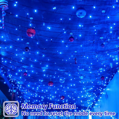 YEGUO Christmas Lights Battery Operated, 2 Pack Each 33ft 100 LED Blue String Lights Outdoor Waterproof, 8 Modes Green Wire Fairy Light Indoor with Remote