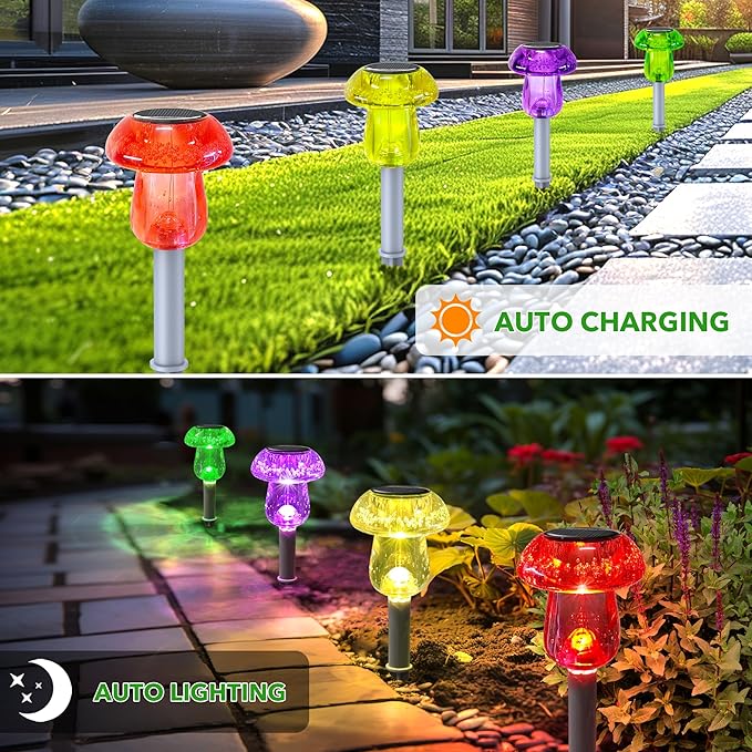 Solar Outdoor Lights, 8 Pack Waterproof Solar Mushroom Lights for Garden Yard Pathway Path Walkway Driveway Lawn Landscape Outside Decor, Yellow Green Purple Red