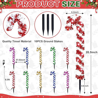 10 Pcs Christmas Candy Cane Lights 21'' Multicolor Candy Cane Pathway Light with 8 Lighting Modes Waterproof Christmas Pathway Lights with Stakes for Walkway Patio Yard Lawn Garden Decoration