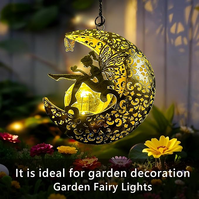 Solar Garden Fairy Statues Decor Hanging Lights,Outdoor Moon Decorations Metal Yard Art,Housewarming for Patio,Wall,Fences,Trail,Great Gift Idea for Gardening Mom and Grandma