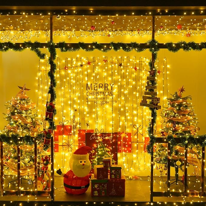 YEGUO Christmas Lights Battery Operated, 2 Pack Each 33ft 100 LED Warm White String Lights Outdoor Waterproof, 8 Modes Green Wire Fairy Light Indoor with Remote