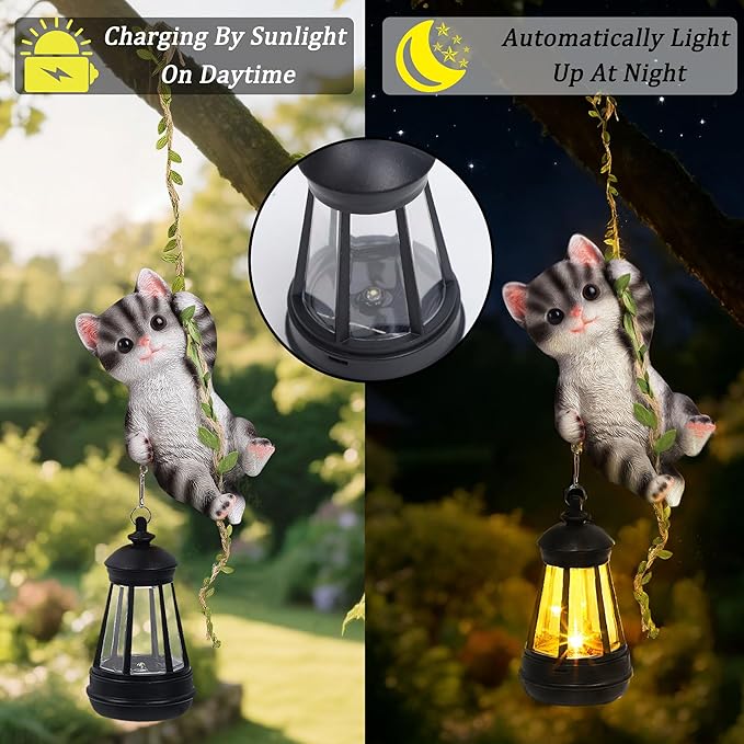 Set of 2 Solar Hanging Statue, Outdoor Resin Black White Cat & Golden Retriever Dog Figurine with LED Lights, Animal Ornament for Garden, Fence, Porch, Patio, Yard Decor