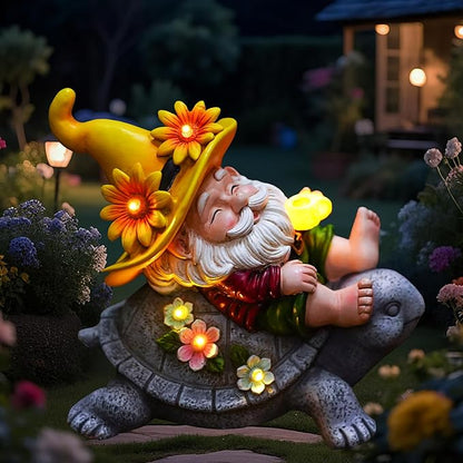 Christmas Garden Gnomes Outdoor Decor: Funny Sunflower Gnome Sitting on Turtle with Solar Lights Outside Decoration for Lawn Yard Patio Garden Gifts for Women