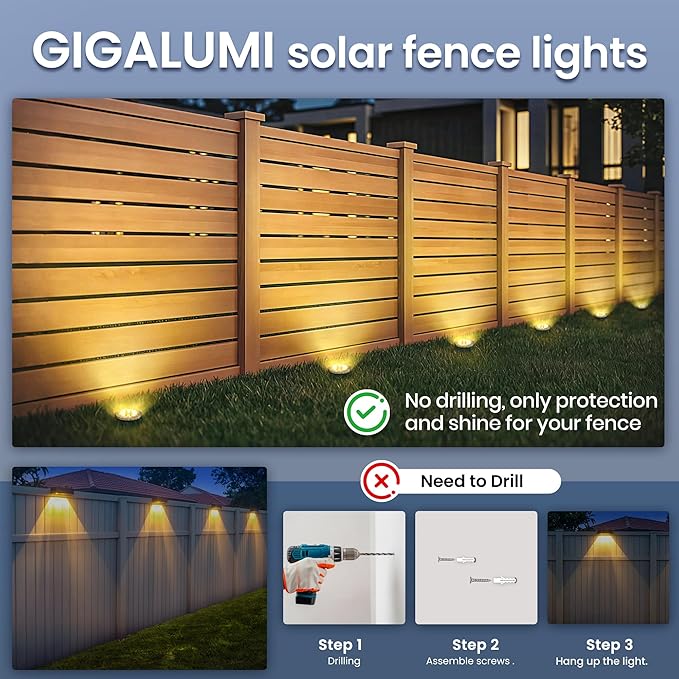 GIGALUMI Solar Ground Lights - No-Drill Fence Lighting Solution, Waterproof Perimeter Lights Compatible with Wood, Metal & Concrete Fences (16 Pack Warm White)