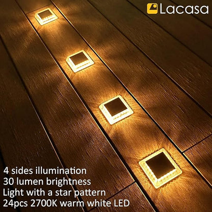 Lacasa Solar Deck Lights, 4 Pack 30LM LED Dock Light Warm White 2700K, Outdoor Solar Powered Step Light Up All Night IP68 Waterproof Auto ON/Off for Garden Stairs Driveway Pathway