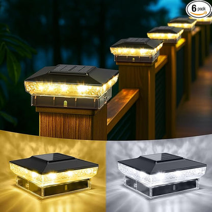 Solar Post Cap Lights, 6 Pack Upgraded Outdoor Deck Fence Post Solar Lights for 4x4 5x5 Wood/Vinyl Posts, IP65 Waterproof, 10-12 Hours Warm/Cool White Glow for Garden/Patio/Porch - Black
