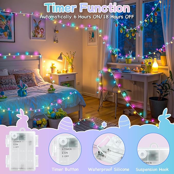 Pastel Easter Lights String Battery Operated Total 100LED 33ft for Easter Decorations for Home Outdoor Indoor Waterproof with Timer for Party Decorations, Multicolor