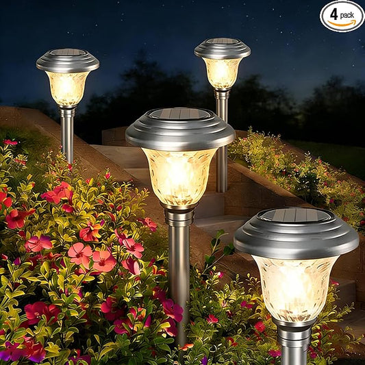 Beau Jardin 4 Pack Solar Pathway Lights White+ Color Changing Stainless Steel 3 Mode Outdoor Multicolor Metal Solar Powered Waterproof Glass for Garden Landscape Path Yard Walkway Driveway Silver