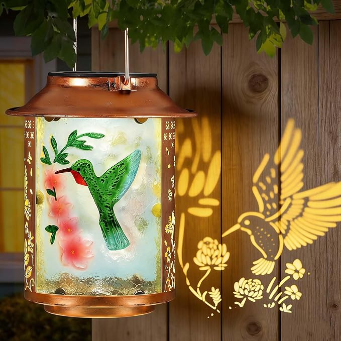 10" H Hummingbird Solar Lanterns Outdoor, Metal Glass Hanging Solar Lamp with Hollow Out Retro Hummingbird Lights, Decorative for Garden Yard Patio Pathway Tabletop Gifts