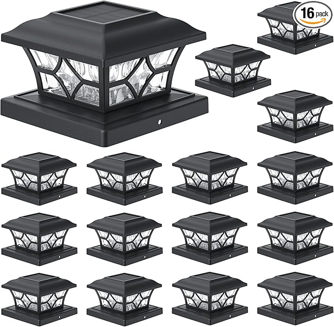 APONUO 4x4 Solar Post Cap Lights 16 Pack - 6x6 Post Cap Solar Light, 2-Mode, IP64 Waterproof, Post Lights Solar Powered for 4x4 5x5 6x6 Wood/Vinyl Posts, Black