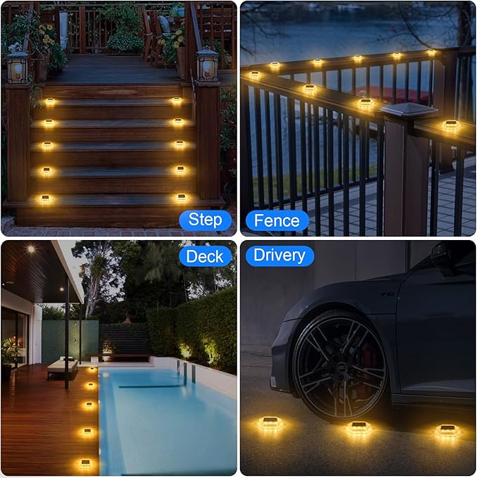 Solar Deck Lights Dock Step Lights- 4 Packs Waterproof 1200mAh Auto ON/Off LED Solor Powered Stair Lighting for Outdoor Garden, Patio, Pathway, Walkway, Driveway (Warm White)