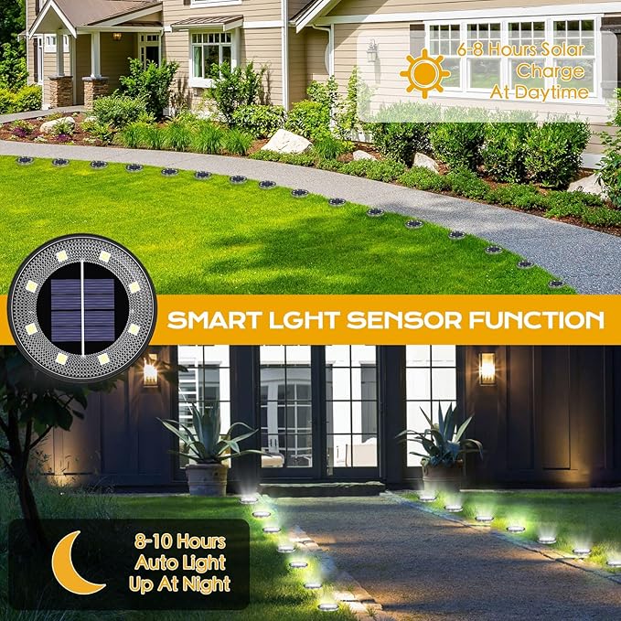 16-Pack Solar Ground Disk Lights, White Waterproof LED