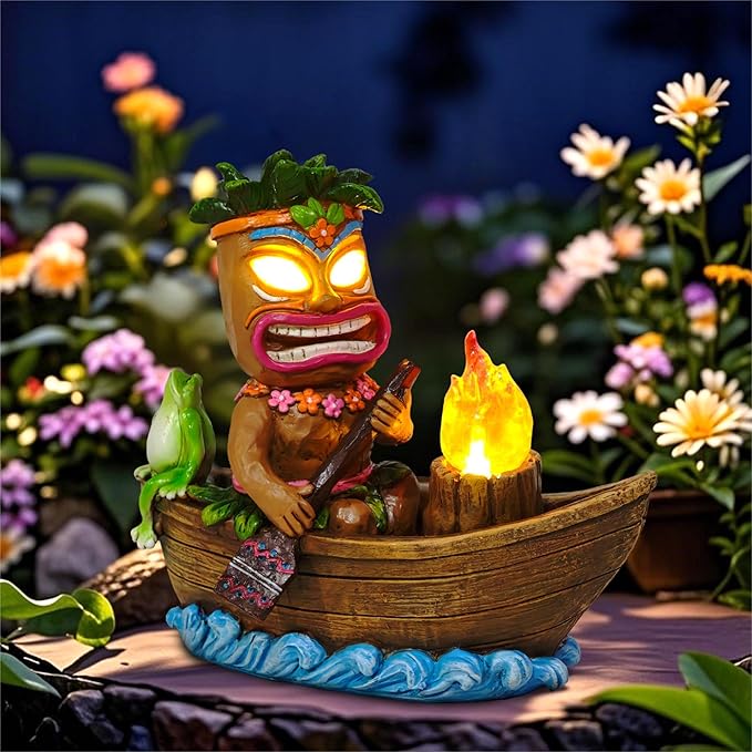 Solar Tiki Outdoor Statues: Funny Tiki Bar Decor with Solar Light Outside Decoration for Lawn Yard Patio Garden Gifts for Housewarming (Boating)