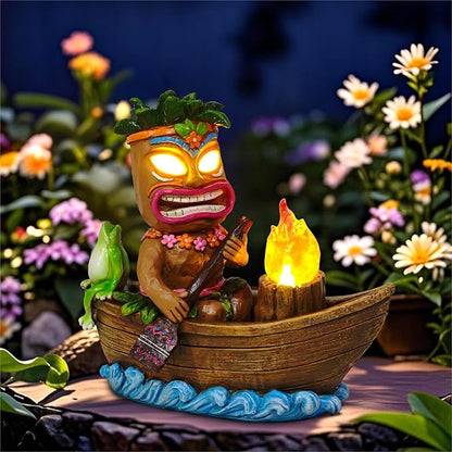 Solar Tiki Outdoor Statues: Funny Tiki Bar Decor with Solar Light Outside Decoration for Lawn Yard Patio Garden Gifts for Housewarming (Boating)