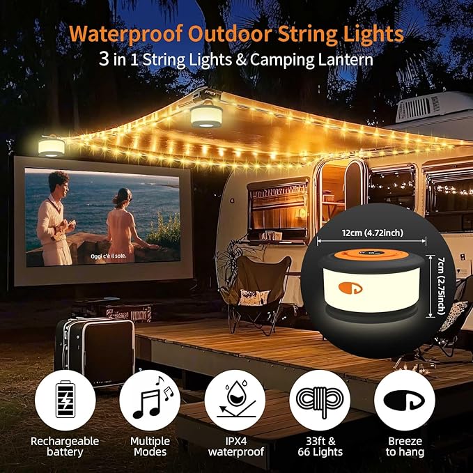 Camping String Lights, 3 in 1 Upgraded Retractable RGB Outdoor String Lights with 19 Lighting Modes,Quick 30s Recovery, 32.8 FT Portable Tent Lights, Rechargeable Camping Lantern (Black&Orange)