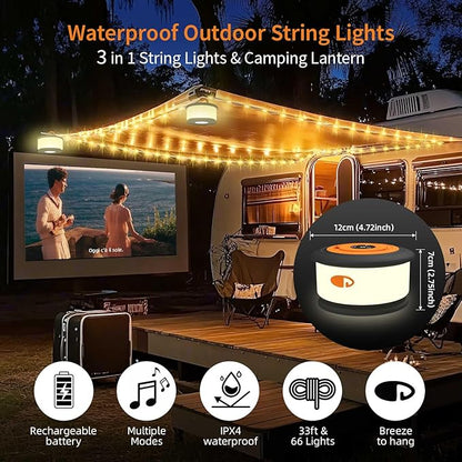 Camping String Lights, 3 in 1 Upgraded Retractable RGB Outdoor String Lights with 19 Lighting Modes,Quick 30s Recovery, 32.8 FT Portable Tent Lights, Rechargeable Camping Lantern (Black&Orange)