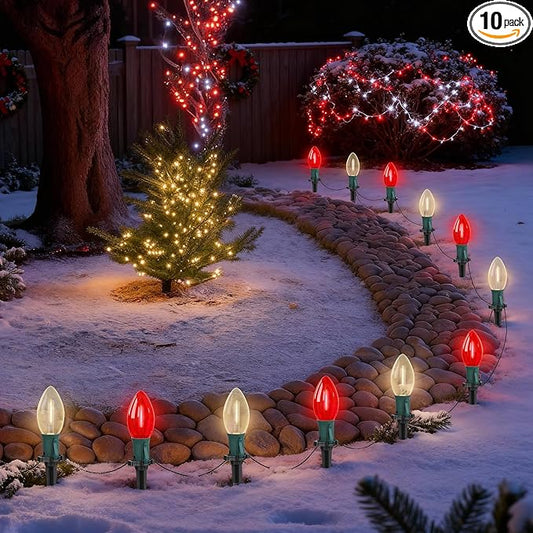 19.5FT Red and White C9 Christmas Pathway Lights, Outdoor LED String Lights with 10 Connectable Bulbs, Waterproof Yard Decor for Walkway, Driveway, Garden, and Holiday Lighting