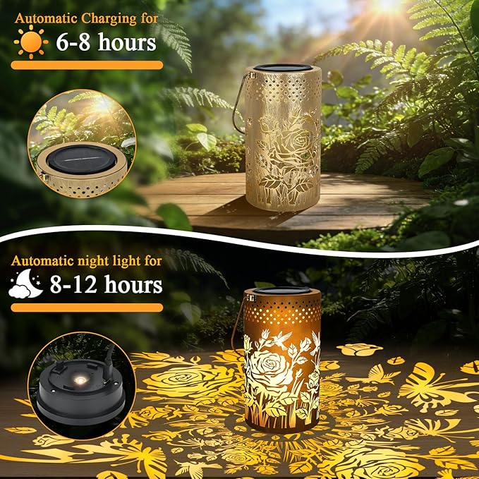 PHILORN Butterfly USB-C Solar Lanterns Outdoor Waterproof Rose Garden Decor Birthday Gifts for Mom Grandma Women Metal Hanging Solar Lights Decorations for Backyard Patio Lawn Porch Landscape