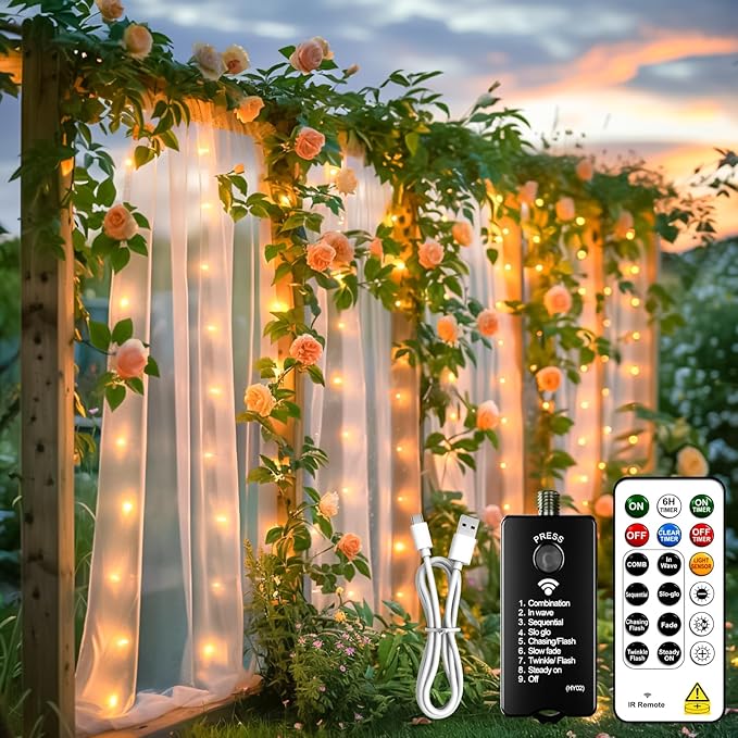 HXWEIYE Rechargeable 300LED Curtain Lights Battery Powered, 9.8x9.8Ft Outdoor Fairy String Lights with Remote & DIY Timer, 8 Modes Twinkle Light Waterproof for Indoor Backdrops Wedding, Warm White