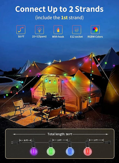 Brightown RGBW Outdoor String Lights, 58FT LED Patio Lights with Remote and Timer, Commercial Grade Waterproof Hanging Lights with 27 Shatterproof Bulbs(2 Spare) for Backyard Porch Garden Party Decor