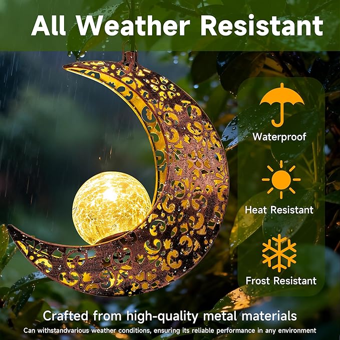 Hanging Solar Lights Outdoor Decor,Moon Garden Statues Decorative Waterproof Metal Figurines Lamp Outside Yard Decorations,Unique Ideas Birthday Gifts for Women Mom Mothers Day Fairy Accessories
