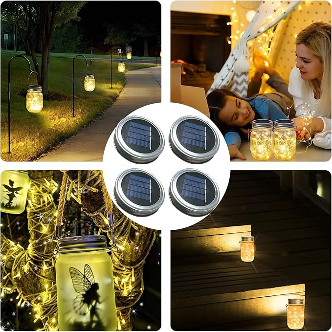 Solar Lights Replacement Top Parts for Outdoor Solar Watering Can Hanging Lanterns with 90 LED String Lithgs Detachable Connector (Warm White ) (4PCS for Mason Jar)