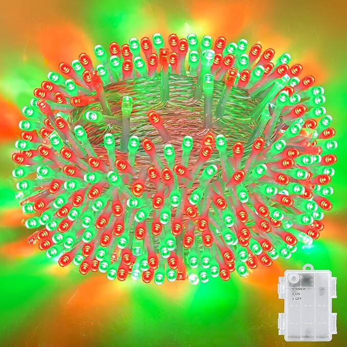 Red and Green Christmas Lights Outdoor Waterproof 9.8ft 30 LED, String Lights Battery Operated with Timer Clear Wire for Indoor & Outdoor Christmas Decorations Garland Party Garden