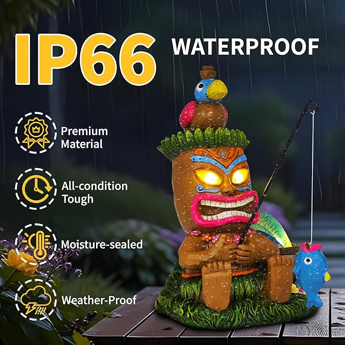Solar Tiki Garden Statues: 8'' Funny Tiki Bar Decor with Solar Light Outside Decoration for Lawn Yard Patio Garden Gifts for Housewarming (Fishing)
