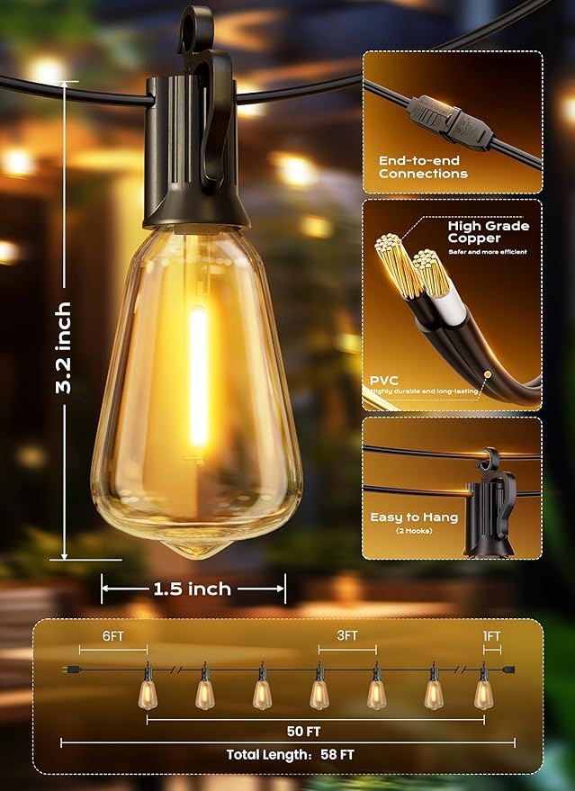 Brightown Outdoor String Lights, 50ft 19 ST38 Shatterproof LED Patio Lights, Dimmable IP65 Waterproof