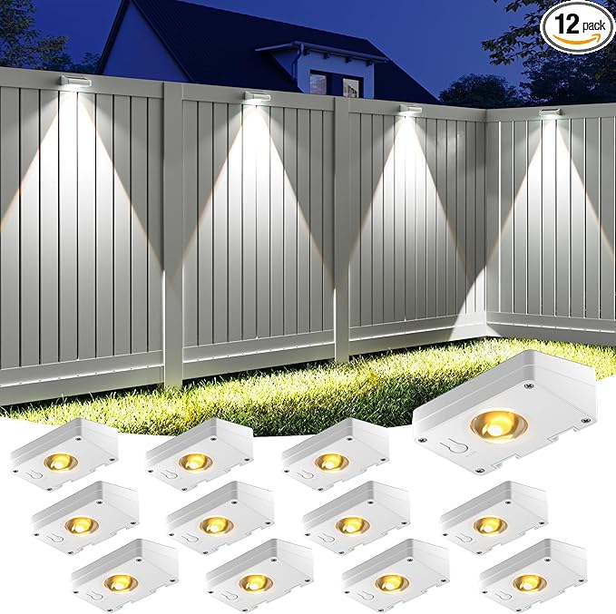 VOLISUN Solar Fence Lights, Fence Lights Solar Powered, IP65 Waterproof LED, 3 Color Temperatures Solar Light for Fence, Yard, Wall, Backyard (12 Pack, White)