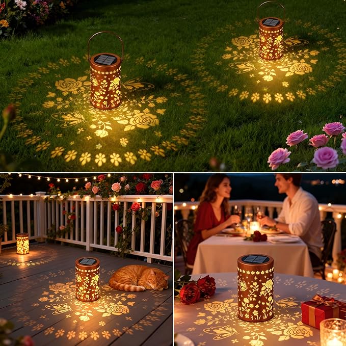 Solar Lanterns Outdoor Waterproof Hanging: 2 Pack Butterfly Rose Projection Solar Lights - Mothers Day Gifts for Women Mom Grandma - IP65 Auto On/Off Garden Decor - 800mAh 12H Glow 2 Modes