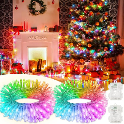 String Lights Outdoor with 8 Lighting Modes, 2 PCS 16FT 50 LEDs Fairy Lights Battery Operated with Timer, Twinkle Christmas Lights for Outside, Christmas, Holiday(Multicolor)