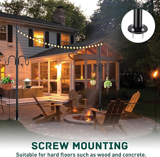 String Light Poles 2 Pack, 10FT Patio Light Poles for String Lights Metal Post Pole with Hooks to Hang Outdoor String Lights, Plant Baskets, Bird Feeder