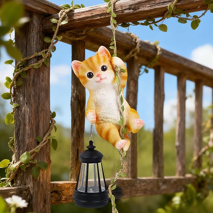 Solar Hanging Cat Statue, Outdoor Resin Orange Cat Figurine with LED Lights, Ginger Kitty Animal Ornament for Garden, Fence, Porch, Patio, Yard Decor, Dusk to Dawn Auto On/Off