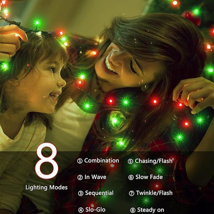 Joomer Battery Christmas Lights, 66ft 200LED Fairy Lights Battery Operated Timer 8 Modes Waterproof for Outdoor Home Garden Party Holiday Christmas Trees Decoration (Red Green)