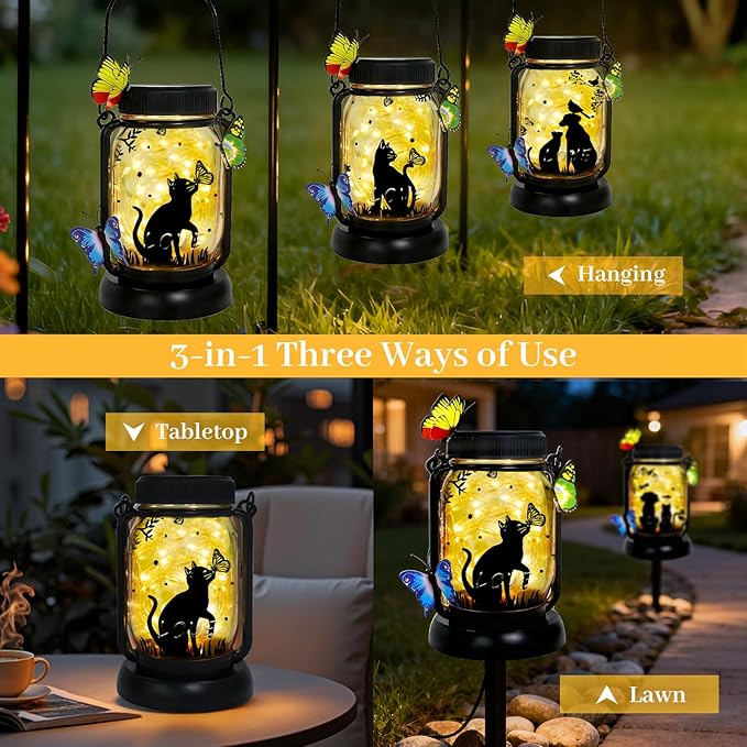 Dog Solar Lanterns Outdoor Garden Solar Dog Lights Dog & Cat Lover Gifts for Women Mom Grandma, Butterfly Fairy Lights Waterproof Hanging Mason Jar Lamps (Cat Kiss Butterfly)