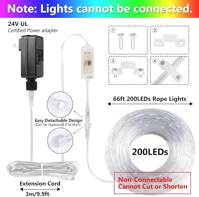 66ft 200LED Rope Light Outdoor String Lights, 24 Colors+Warm White Outdoor LED Lights Plug in, RGB Color Changing Fairy Light with Remote Rope Lighting for Camping Garden Patio Décor