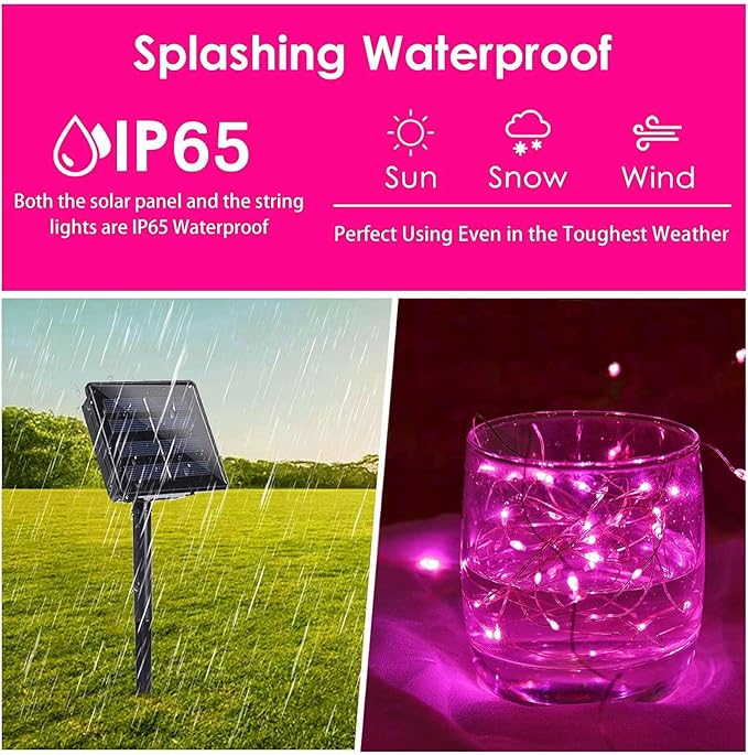 Solar Pink Valentine String Lights Outdoor, 2-Pack Total 80FT 200 LED Solar Twinkle Lights Outside Waterproof Copper Wire 8 Modes Fairy Lights for Garden Tree Party Birthday Xmas Valentines Day Decor