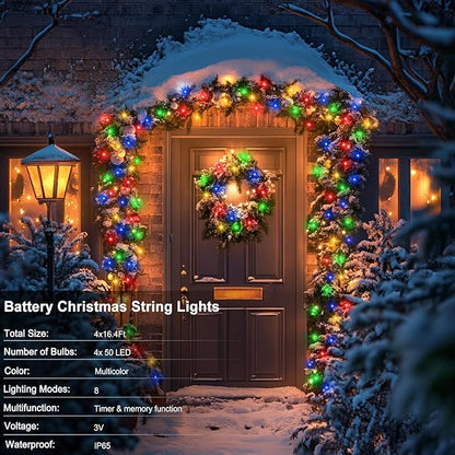 4 PACK Multicolor Battery Operated String Lights Outdoor 16.5Ft 50LED Battery Timer String Lights RGBY Clear Wire Christmas Tree Lights with 8 Modes Indoor Decorations for Yard Patio Window Tree