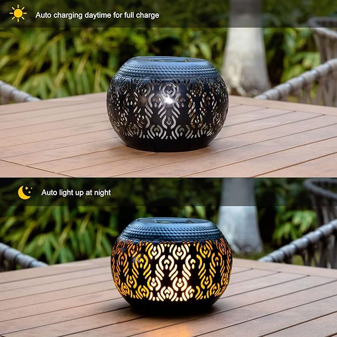 Solar Table Lanterns Outdoor Waterproof - Dancing Flickering Flame Lamp Black Peacock Feather Metal Tabletop Light Solar Powered Decorative Lantern for Desk Bedroom Patio Garden Pathway Yard (1 Pack)