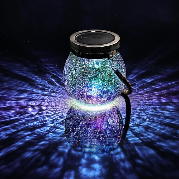 Cooo 6 Pack Gifts for Him Her Solar Lanterns Waterproof Outdoor Iridescent Heavy Crackle Glass LED Stainless Steel Lid for Women Mom Grandma Outdoor Table Lamps Garden Backyard Decor