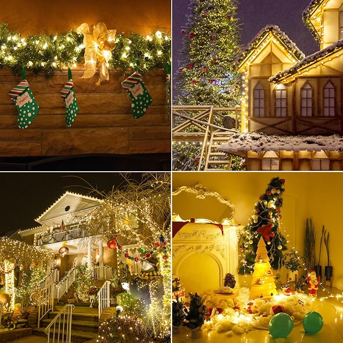 Battery Operated Christmas Lights, 33Ft 100 LED Warm White String Lights with Auto Timer & 8 Modes, Shatterproof Waterproof for Outdoor Indoor Wedding Party Home, Green Wire