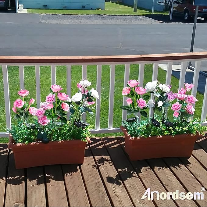 Anordsem Solar Garden Lights Outdoor: 10 Waterproof Fabric Roses 2 Pack - Pink LED Flower Decorations for Yard Patio Path Cemetery Grave - Mother's Day Gifts for Her Women Mom Wife