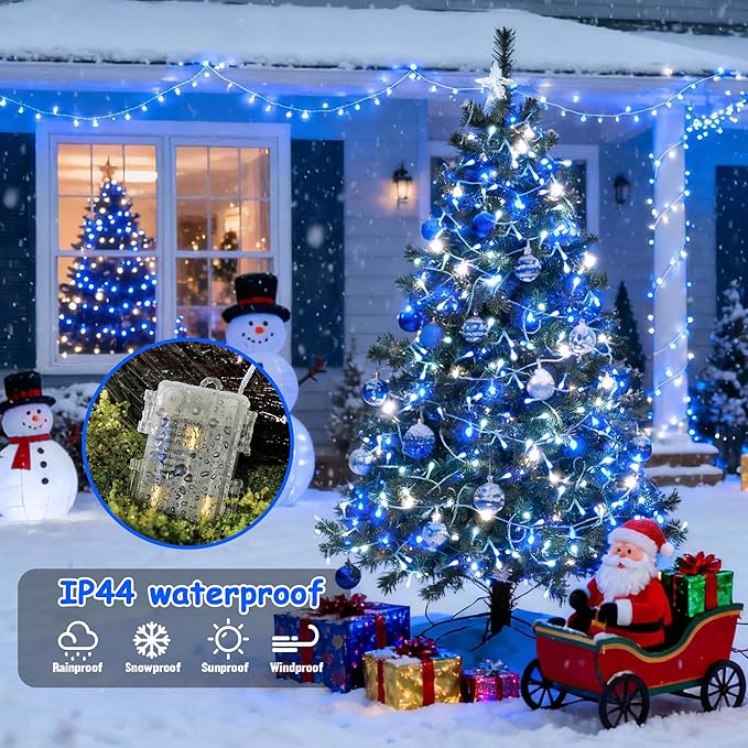 JMEXSUSS 2 Pack Blue and White Battery String Lights, Each 33ft 100 LED Battery Powered Christmas Lights with Remote for Outside Party Birthday
