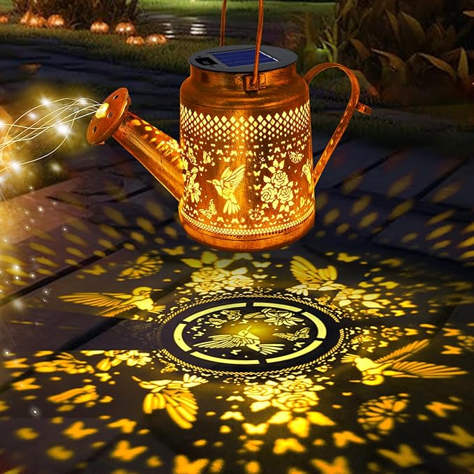 2 Pack Solar Lanterns Outdoor Waterproof,Hummingbird Watering Can Garden Decor,Hanging Solar Path Lights Yard Art,Outside Patio Decorations Gardening Christmas Gifts for Mom Grandma Women (Warm White)