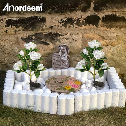 Anordsem Solar Garden Lights Outdoor: 10 Waterproof Fabric Roses 2 Pack - White LED Flower Decorations for Yard Patio Path Cemetery Grave - Mother's Day Gifts for Her Women Mom Wife