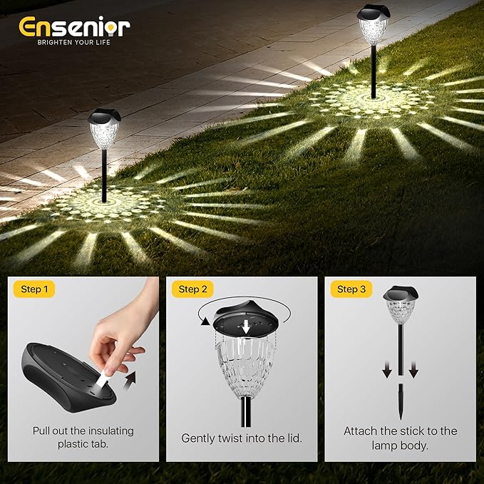 Ensenior 8-Pack Solar Lights Outdoor, Auto ON/Off 6500K LED Solar Garden Lights for Pathway, Yard, Patio, Walkway, Planter, Waterproof, Energy-Efficient Landscape Lighting