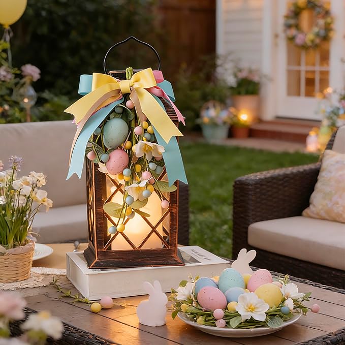 Easter Solar Lanterns Outdoor, Waterproof Garden Hanging Lanterns, 13" Outdoor Decorative Lantern with LED Flickering Flameless Candles, Easter Lantern for Porch, Yard,Patio Decor